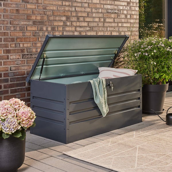 Home Deluxe - Metallaufbewahrungsbox - MEGABOX XXL, Anthrazit - 600 L Fassungsvermögen, Maße: 158 x 64 x 62 cm, verzinktes Stahlblech, wasserdicht I Aufbewahrungsbox mit Deckel Gartenbox Auflagenbox