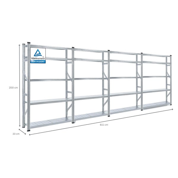 PROREGAL Fachbodenregal Stecksystem Proximo Komplettregal HxBxT 200 x 600 x 32 cm 5 Ebenen Fachlast 130 kg Beidseitig Nutzbar Verzinkt