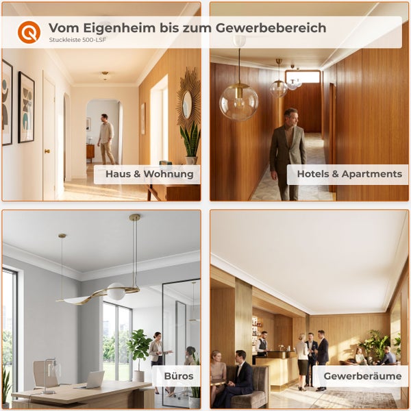Vier Anwendungsbeispiele der Stuckleiste 500-LSF in Wohn- und Gewerberäumen wie Fluren, Büros und Loungebereichen.