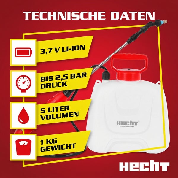 Hecht Akku-Drucksprüher mit 3,7 Volt Li-Ion Akku, bis zu 2,5 bar Druck, 5 Liter Volumen und 1 Kilogramm Gewicht. Hecht Logo.