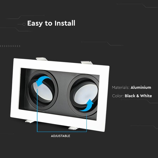 Zweiflammiger Einbaustrahler aus Aluminium mit verstellbaren, schwenkbaren Lichtköpfen für eine flexible Ausrichtung.