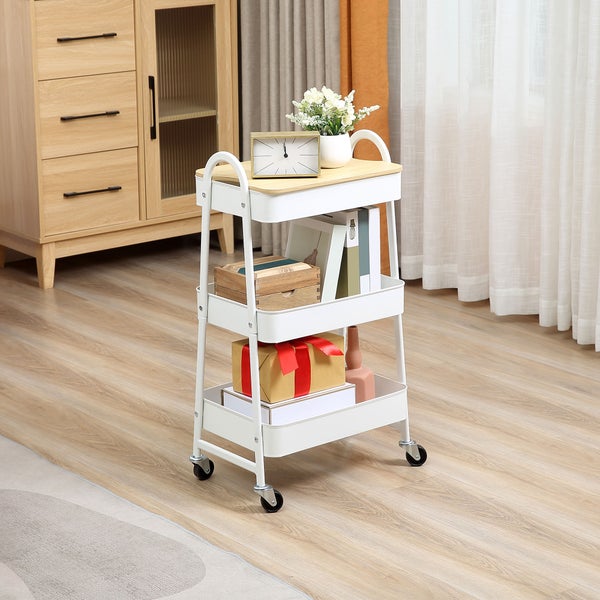 HOMCOM Küchenwagen Metallrollwagen 3-Etagen Metall mit großem Stauraum und Deckel für Küchen und Büro Aufbewahrungswagen Servierwagen Küchenregal mit Rollen Stahl Weiß 45 x 31 x 79,4 cm