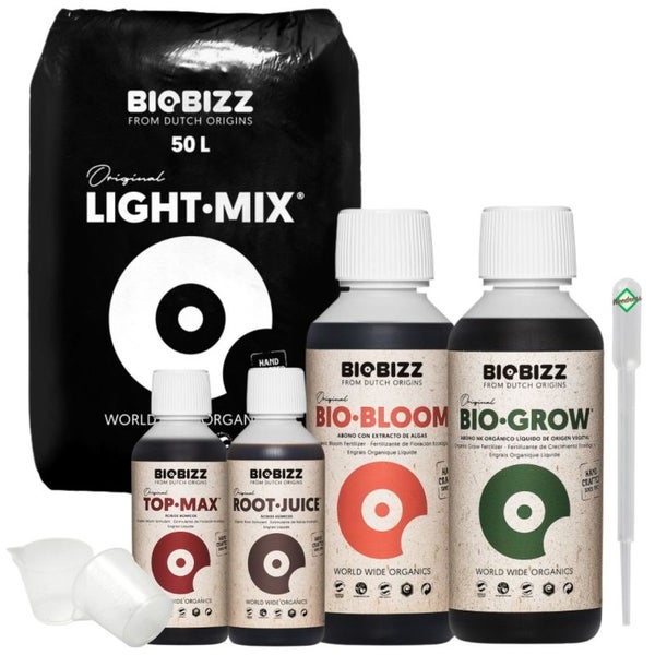 BioBizz Light Mix Erde-Set Medium – 50L Bio-Erde + Bio Grow, Bloom, Top-Max & Root Juice – Komplettset mit Pipette für kräftiges Wachstum & Blüte