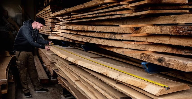 Handwerker vermisst im Holzlager mit einem Maßband eine große rohe Holzbohle für den Bau- und Heimwerkerbedarf.