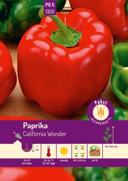 Pabst Logo. Samen für Paprika California Wonder mit Abbildung einer roten Paprika und Symbolen für Pflanz- und Erntehinweise.