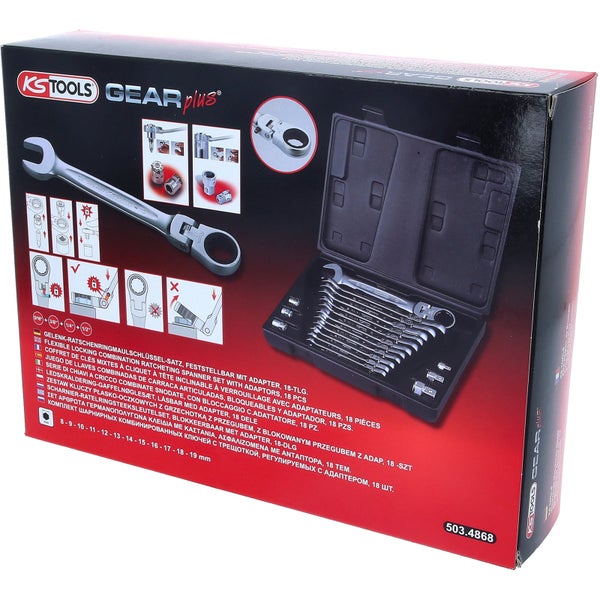 KS Tools Gear Plus Gelenk Ratschenringmaulschlüssel Satz, feststellbar mit Adapter, 18-teilig in einer Box