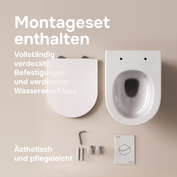 Wand-WC mit WC-Sitz, verdeckten Befestigungen und Montagezubehör inklusive Installationsanleitung.