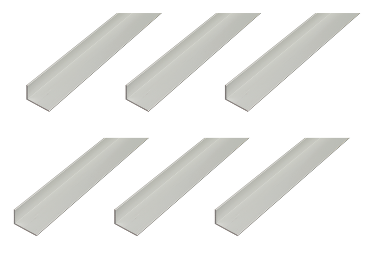 Sechs gleich lange Aluminium Winkelprofile fuer vielseitige Anwendungen im Heimwerkerbereich.