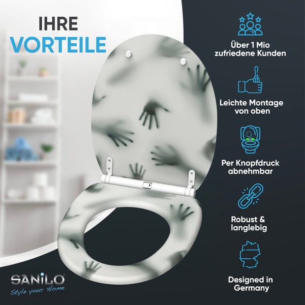 Sanilo Toilettensitz mit Handabdruck Muster und funktionalen Produktmerkmalen