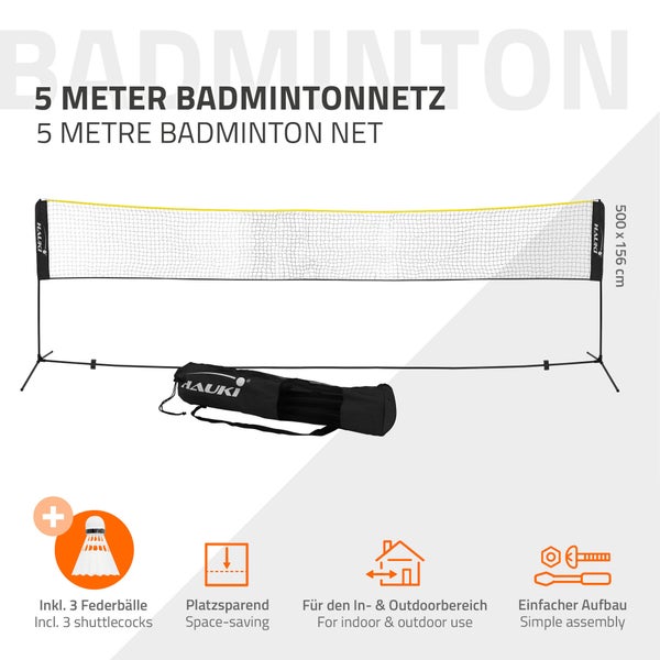 Hauki Badminton Netz, Tennisnetz 500cm, Schwarz, Höhe: 156cm, Federballnetz Set inkl. 3x Federball, Transporttasche, stabilem Eisen-Gestell, Tragbares Volleyballnetz, Trainingsnetz Indoor & Outdoor