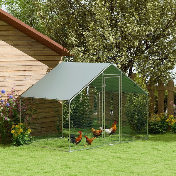 PawHut Hühnerstall Freilaufgehege 3x1,7x1,9 m mit Schloss Verzinkter Stahl Hühnerhaus mit Wasserdichtem, Anti-UV Dach Freigehege Outdoor Geflügelstall für Hühnerkäfig, Kleintiere, Pflanzen Silber