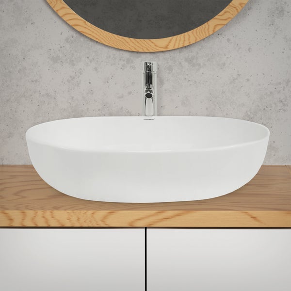 ECD Germany Design Waschbecken Waschtisch 600 x 420 x 145 mm aus Keramik Weiß - Aufsatzbecken Aufsatzwaschbecken Handwaschbecken Aufsatzwaschtisch Spülbecken Wasserfall Waschschale Waschschüssel