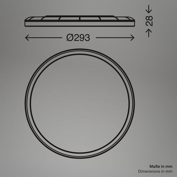 Maßzeichnung einer runden Deckenleuchte mit einem Durchmesser von 293 Millimeter und einer Höhe von 28 Millimeter.