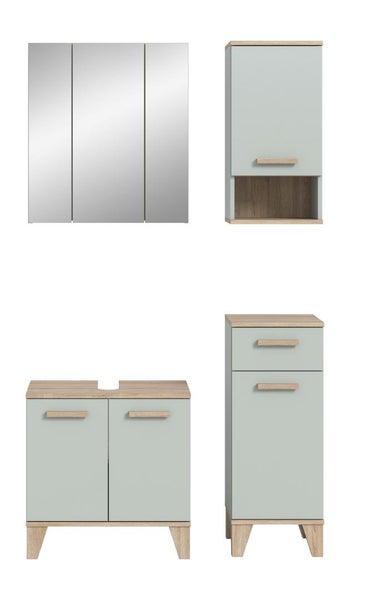 Badezimmermöbel Set bestehend aus Spiegelschrank, Waschbeckenunterschrank, Hängeschrank und Hochschrank im modernen Design mit Holzoptik Akzenten.