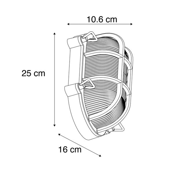 Maßzeichnung einer ovalen Außenleuchte mit Schutzgitter und gerippter Abdeckung, Höhe 25 Zentimeter, Breite 16 Zentimeter, Tiefe 10,6 Zentimeter.
