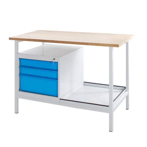 PROREGAL Werkbank Light Rhino mit Ablagefach 3 Schubladen HxBxT 82,5 x 120 x 60 cm Traglast 300 kg Lichtgrau Blau