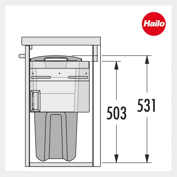 Maßzeichnung eines Hailo Abfallsammlers für Einbau im Unterschrank mit Höhen 503 und 531. Hailo Logo.