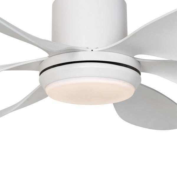 Moderner Deckenventilator mit integrierter LED-Leuchte und mehreren Rotorblättern in Weiß.