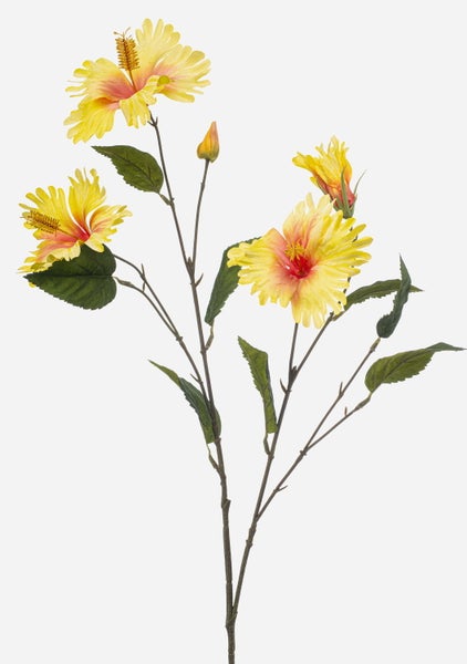 Künstlicher Hibiskuszweig mit gelben Blüten und grünen Blättern.