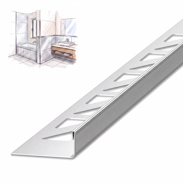 Fliesenprofil aus Metall für Wand und Boden mit Skizze eines Badezimmers zur Veranschaulichung der Anwendung