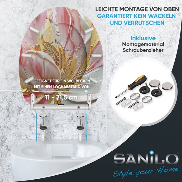 Sanilo WC-Sitz mit abstraktem Motiv, verstellbarer Scharnierabstand von 11 bis 21,5 Zentimeter, inklusive Befestigungsmaterial und Schraubenzieher.