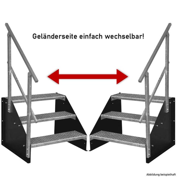 Industrietreppe mit drei Stufen aus Gitterrost und einem Geländer, das beidseitig montiert werden kann.