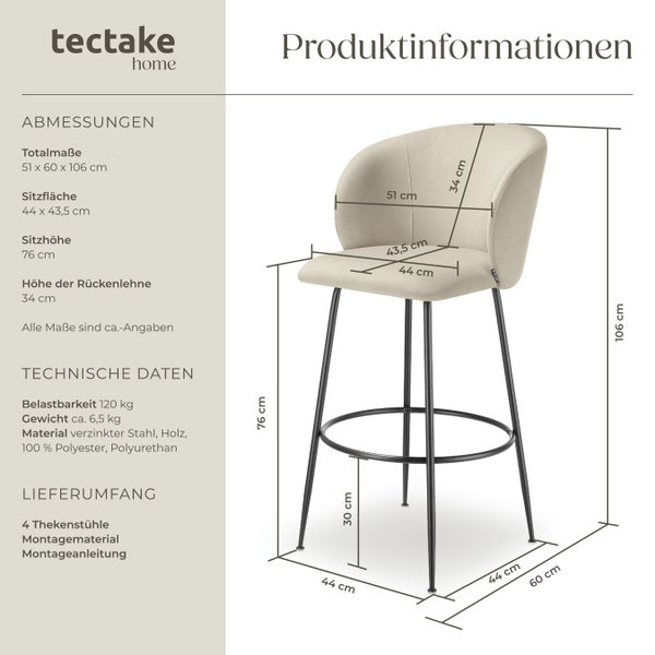 Barstuhl tectake Luana 51 x 60 x 106 cm, Belastbarkeit 120 kg in Samtoptik, gepolstert creme/schwarz