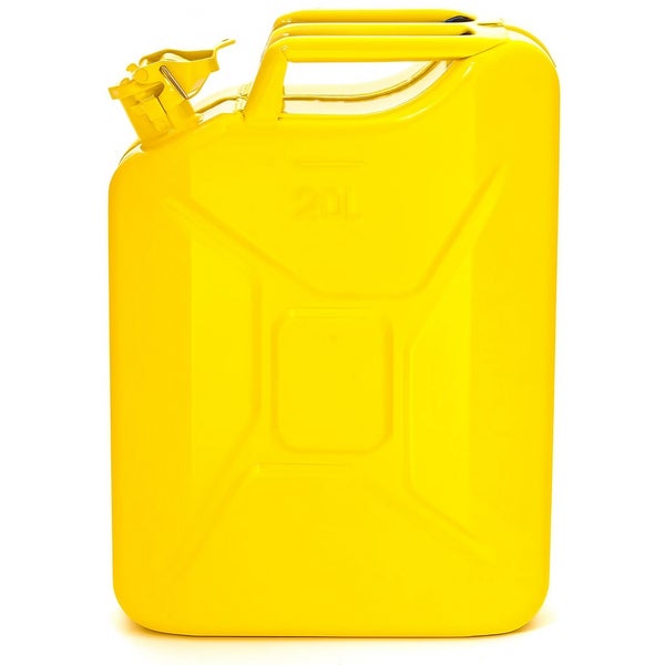 Gelber 20 Liter Kraftstoffkanister aus Stahl mit Tragegriff und Ausgießer