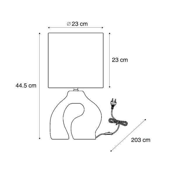 Tischleuchte Skizze: Höhe 44,5 Zentimeter, Schirm Durchmesser 23 Zentimeter, Schirmhöhe 23 Zentimeter, Kabellänge 203 Zentimeter.