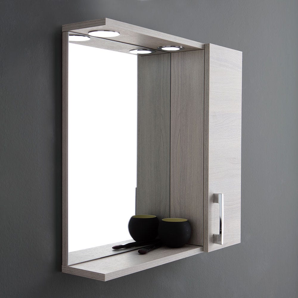 Spiegel in Holzoptik grauer Eiche mit LED Beleuchtung und rechten Seitenschrank