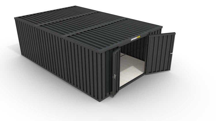 Lagercontainer Gerätehaus M3  – 18 qm, H2150 x B3050 x T6520 mm, Außenwandlackierung anthrazit, Dach außen verzinkt, mit Holzfußboden, 1830 mm Doppelflügeltür mittig in Stirnseite, montiert