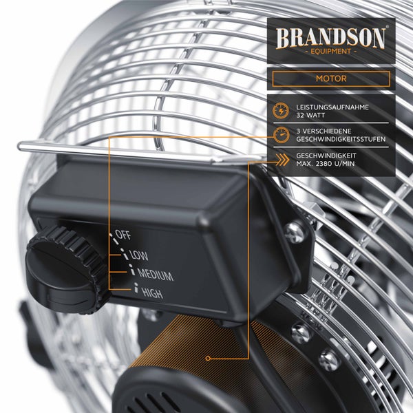 Brandson Retro Bodenventilator 32W, Windmaschine im Chrom Design, Ventilator, 3 Geschwindigkeitsstufen, Standventilator, Tischventilator
