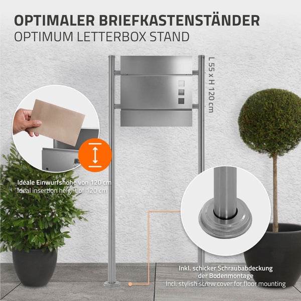 Briefkastenständer aus Edelstahl, Höhe 120 Zentimeter, Breite 55 Zentimeter, inklusive Schraubabdeckungen für die Bodenmontage.