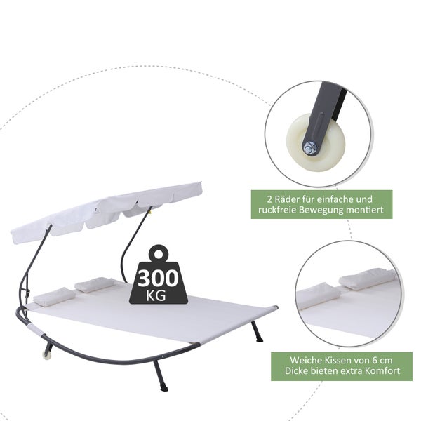 Outsunny Sonnenliege rollbar Campingliege mit Kopfkissen, Dach UV-beständig und wasserabweisend Gartenliege Liegestuhl bis 220kg belastbar für Balkon, Garten, Cremeweiß
