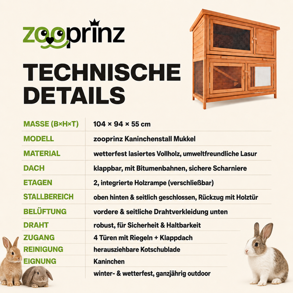 Technische Details für den zooprinz Kaninchenstall Mukkel aus wetterfestem Vollholz mit den Maßen 104 mal 94 mal 55 Zentimeter und vier Türen.