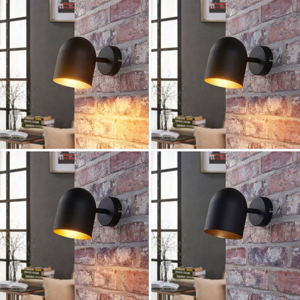 Schwarze Wandleuchte mit goldener Innenseite an einer Backsteinwand, dargestellt in vier verschiedenen Lichttemperaturen von warm bis neutral.