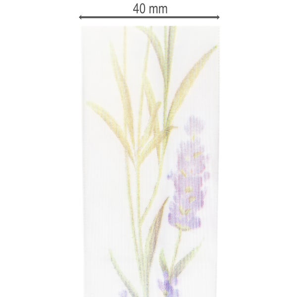Transparentes Band mit Lavendelmuster, Breite 40 Millimeter.