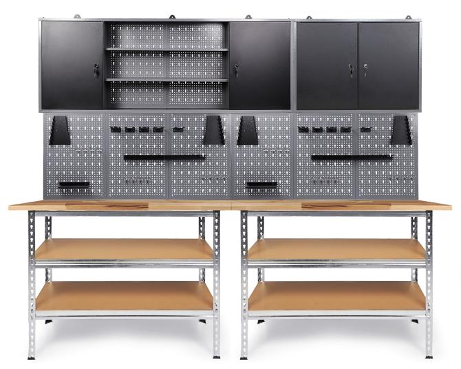 Werkstatteinrichtung mit Werkbank, Lochwand und Schränken zur Werkzeugaufbewahrung