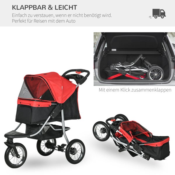 PawHut Hundewagen Hundebuggy Katzenbuggy Pet Stroller mit 3 Rädern klappbar Hunde Katze Oxford Rot+Schwarz 109,5 x 54,5 x 106,5 cm