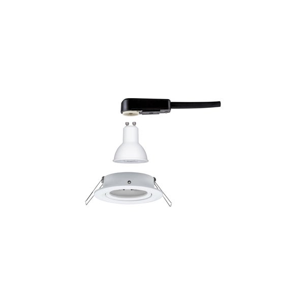LED Einbaustrahler Set bestehend aus GU10 Leuchtmittel, Einbauring und Anschlussdose.