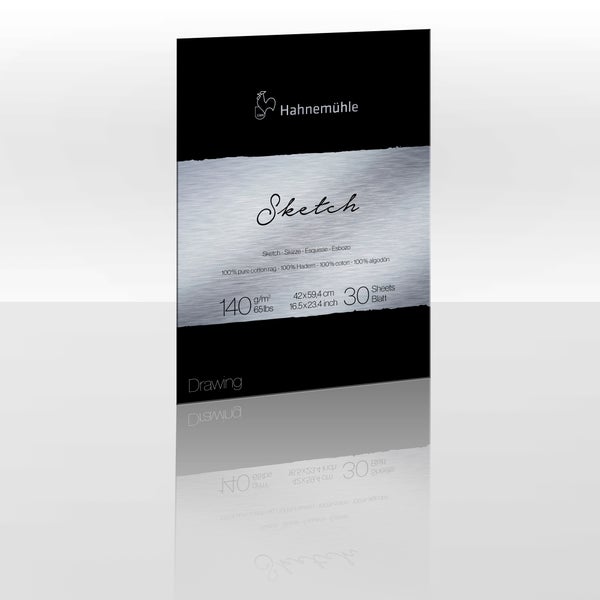 Hahnemühle Skizzenblock aus 100 Prozent Hadern, 140 Gramm pro Quadratmeter, 42 mal 59,4 Zentimeter, 30 Blatt und Hahnemühle Logo.