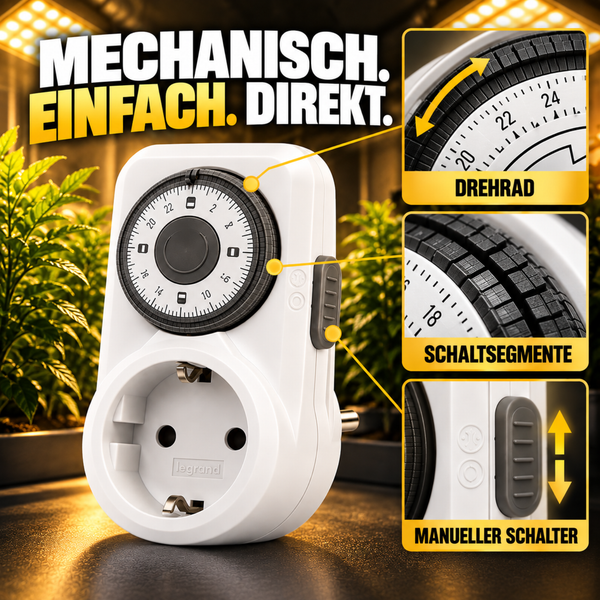 Mechanische Zeitschaltuhr von Legrand mit Drehrad, Schaltsegmenten und manuellem Schalter für Steckdosen.