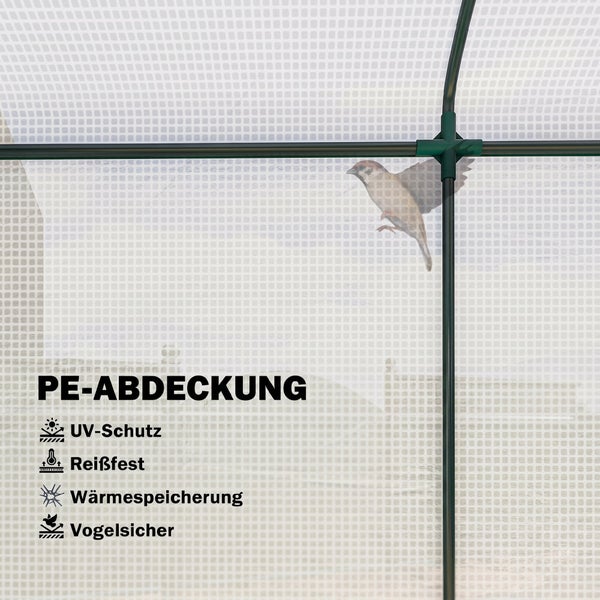 PE Gewächshausfolie mit UV Schutz, reißfest, wärmespeichernd und vogelsicher mit Gitterstruktur und Metallgestänge.