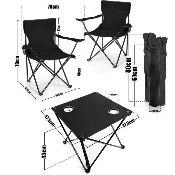 BigDean 2 Stück Campingstühle & Campingtisch faltbar – Faltstuhl in Schwarz mit Getränkehalter & Tragetasche ideal für Camping, Festival & mehr