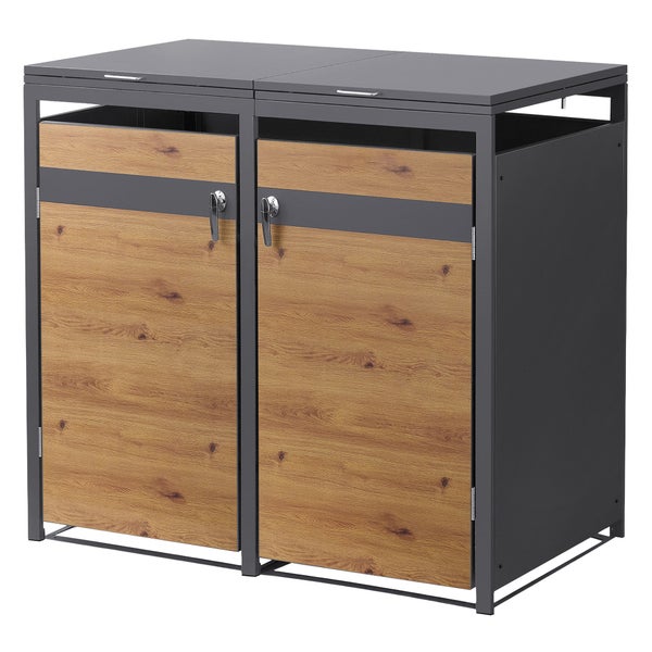 Mülltonnenbox für zwei Tonnen, Metallgestell mit Türen in Holzoptik und Klappdeckeln.