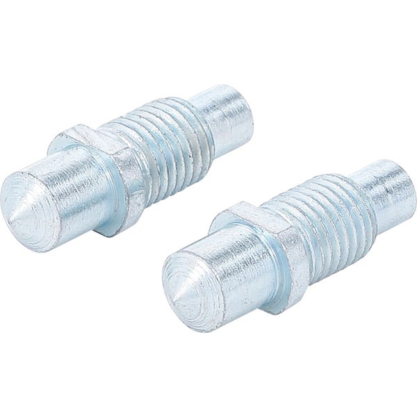 Zwei Bodenträger aus verzinktem Metall mit Gewinde für Regalböden.