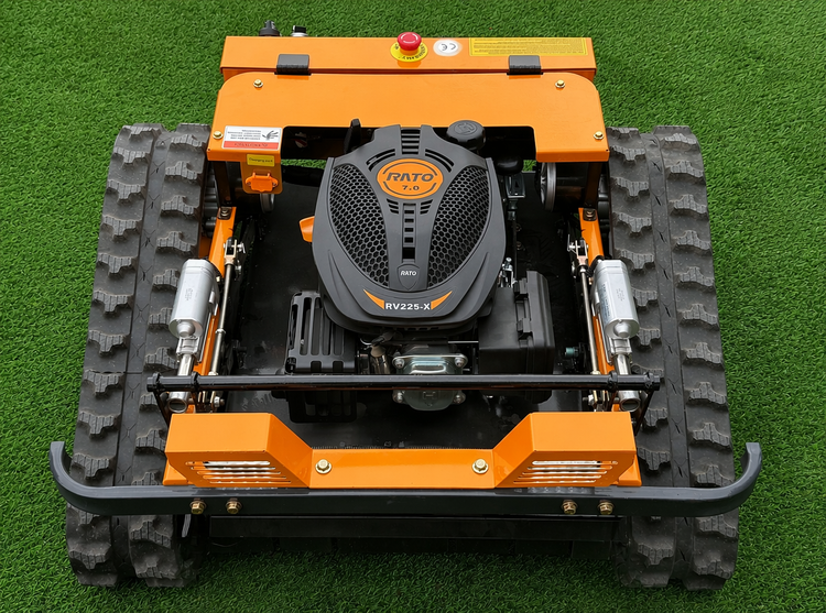 Ferngesteuerter Böschungsmäher mit Raupenantrieb, Rato-Motor und orangefarbenem Metallgehäuse.