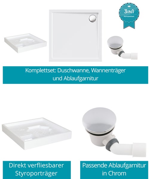 Calmwaters® Acryl-Duschwanne Komplettset 90 x 90 x 2,5 cm mit Wannenträger & Ablaufgarnitur, bodengleiche Brausewanne Modern Select, flache Duschtasse aus Acryl, 90x90 cm, Weiß, 99000120