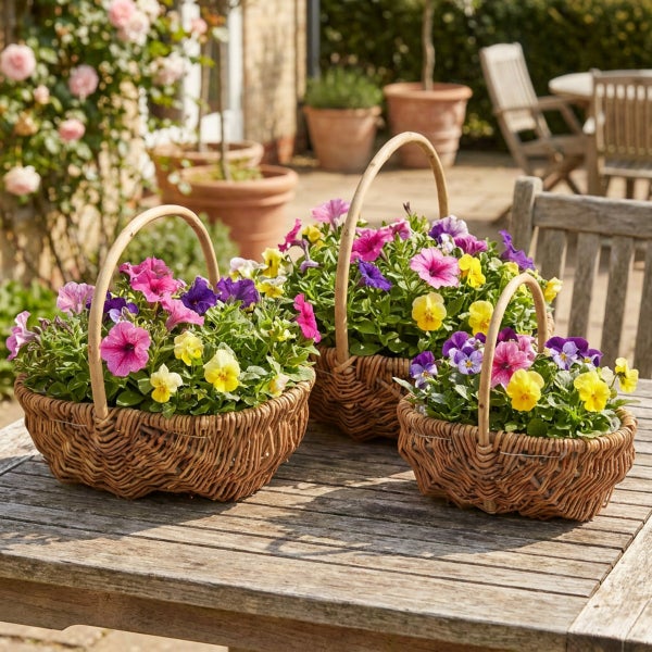 Drei bepflanzte Weidenkörbe mit bunten Petunien und Stiefmütterchen auf einem Holztisch im Garten.