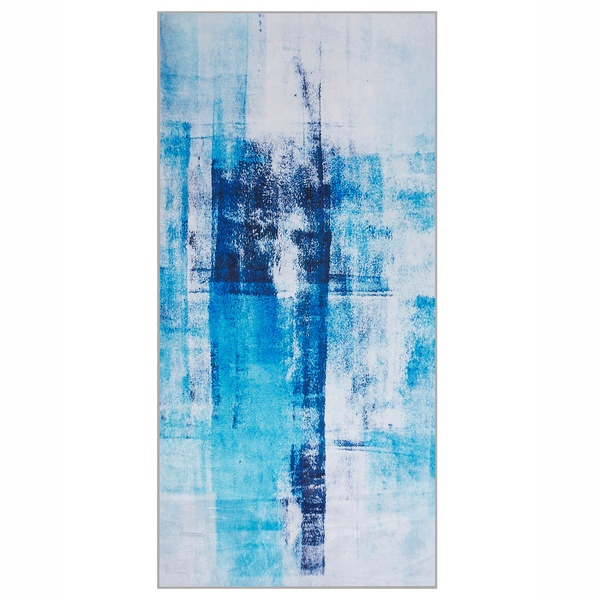 Abstraktes Wandbild im Hochformat mit blauem und weißem Pinselstrich-Design.